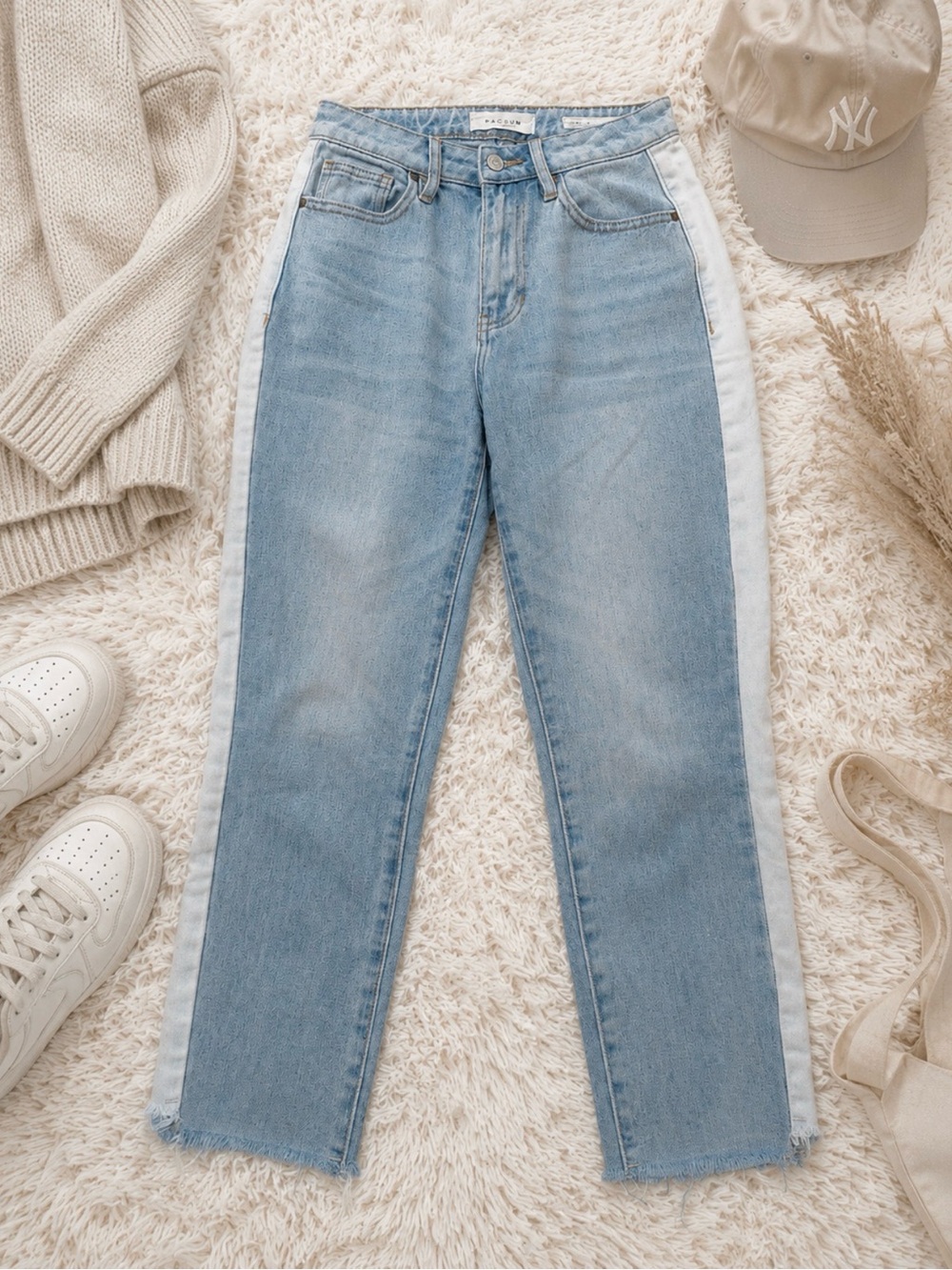 Mom Jeans High Rise Side Stripe Raw Hem
